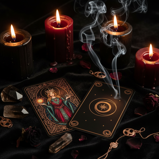 Dark luxury tarot reading — two tarot cards on black velvet, one revealed and one reversed, surrounded by dripping black and burgundy pillar candles, smoky quartz and obsidian crystals, curling incense smoke, and scattered rose petals in rose gold candlelight