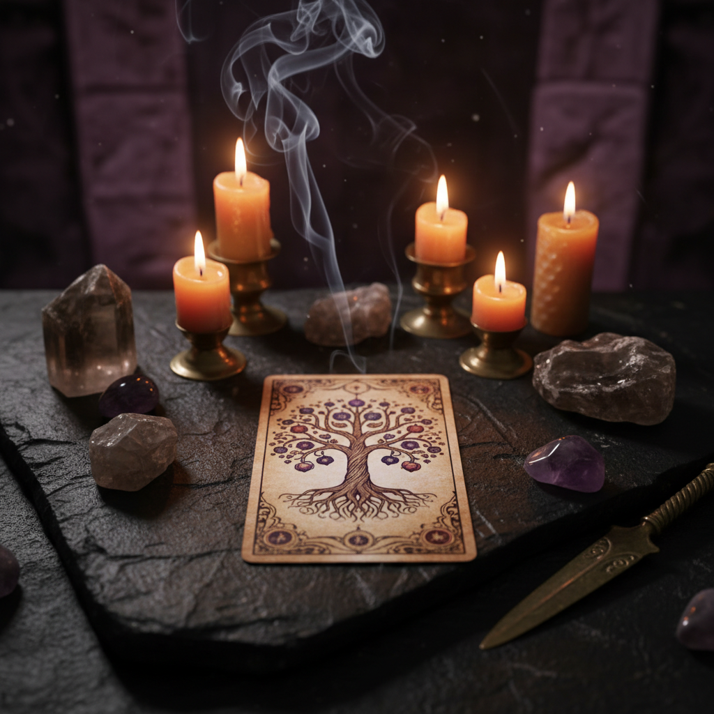 Single tarot card on dark altar with candlelight and incense smoke