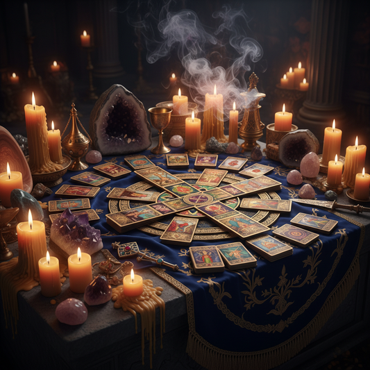 Elaborate tarot spread on luxurious dark altar with candles, crystals, and ritual tools