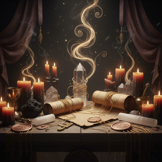 Sacred altar with scrolls representing soul contracts and spiritual agreements