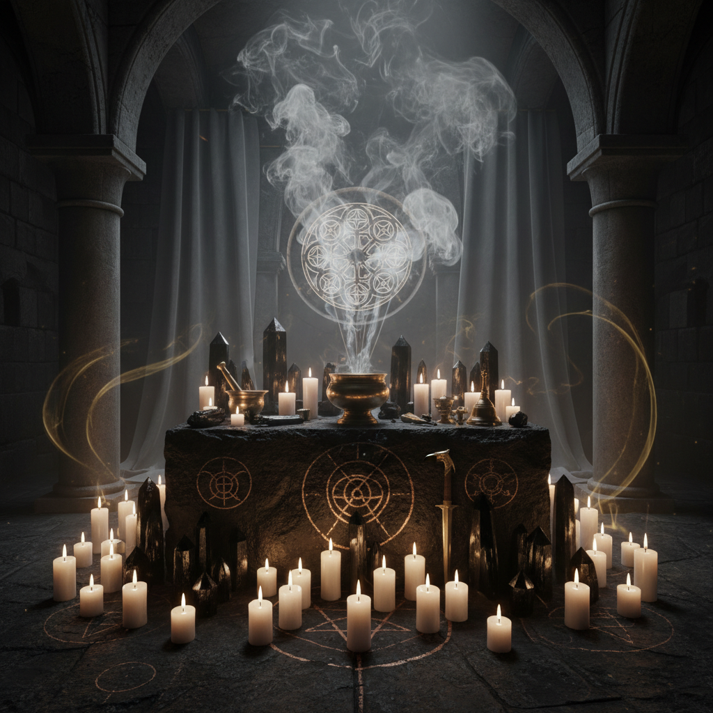 Energy protection ritual altar with black tourmaline, candles, and protective crystals