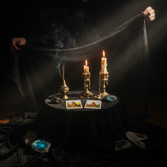Energy Exposed - Dark altar with veil and tarot cards revealing imminent truth