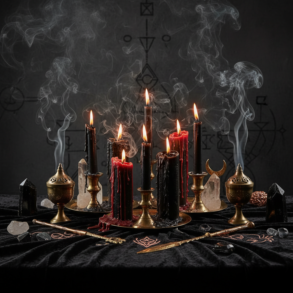 Candle ritual magic altar with lit candles and manifestation energy