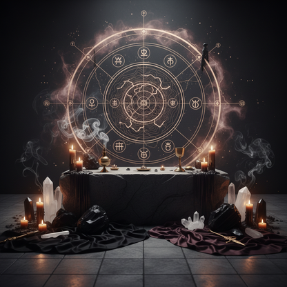 Protective altar with crystals and candles for energy protection mapping