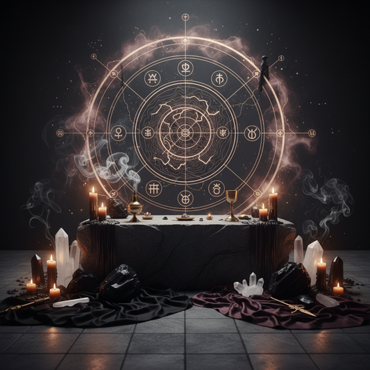 Protective altar with crystals and candles for energy protection mapping