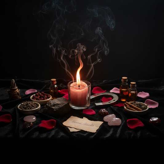 Come To Me Candle Ritual - Dark altar with pink candle, magnet, and rose petals for attraction