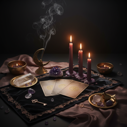 Tarot cards on velvet cloth with candles for focused reading