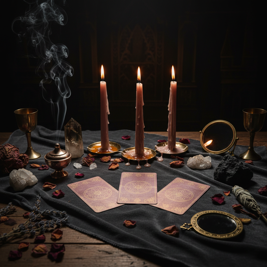 Year-end tarot spread with candles for reflection and spiritual reset