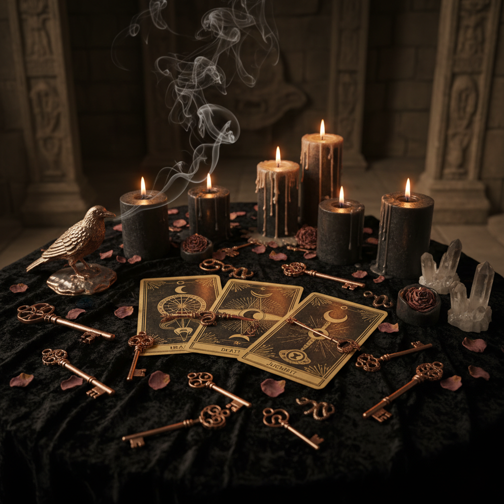 Past life karma reading altar with tarot cards, candles, and vintage symbols