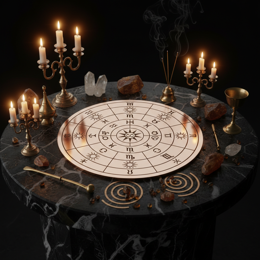 Solar chart with golden candlelight on dark altar
