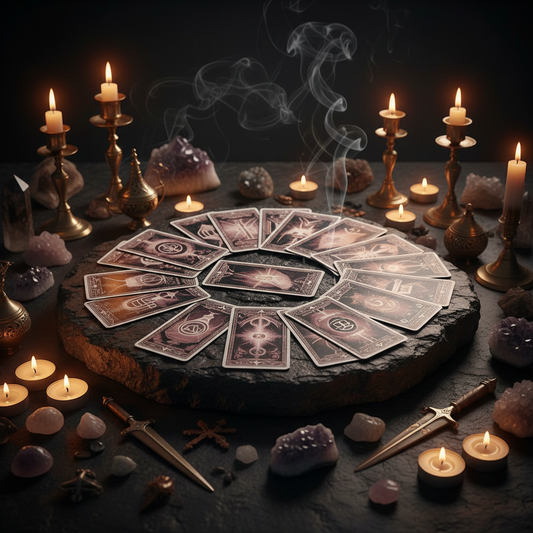 Tarot card spread on dark altar with candlelight and ritual tools